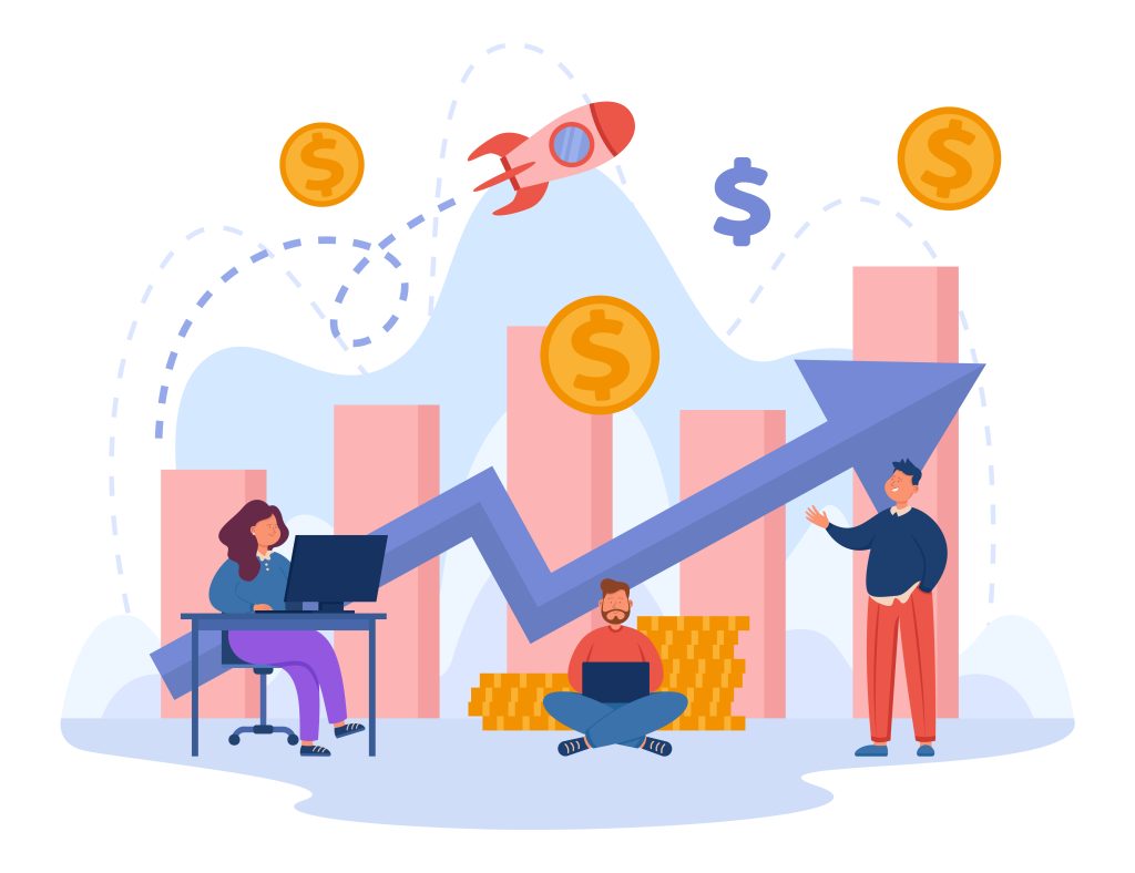 Success of startup managers working near growth of profit chart Success of startup managers working near growth of profit chart. Financial achievement, work progress and rocket launch of tiny corporate people flat vector illustration. Finance, opportunity concept